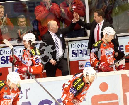 EBEL. Eishockey Bundesliga. KAC gegen Dornbirner Eishockey Club. Doug Mason, Jarmo Myllys (KAC). Klagenfurt, am 3.3.2015.
Foto: Kuess 

---
pressefotos, pressefotografie, kuess, qs, qspictures, sport, bild, bilder, bilddatenbank