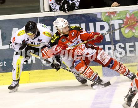 EBEL. Eishockey Bundesliga. KAC gegen Dornbirner Eishockey Club. Stefan Geier,  (KAC),  Martin Grabher Meier (Dornbirn). Klagenfurt, am 3.3.2015.
Foto: Kuess 

---
pressefotos, pressefotografie, kuess, qs, qspictures, sport, bild, bilder, bilddatenbank