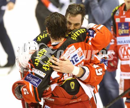 EBEL. Eishockey Bundesliga. KAC gegen Dornbirner Eishockey Club. Jubel Jean Francois Jacques, Patrick Harand (KAC). Klagenfurt, am 3.3.2015.
Foto: Kuess 

---
pressefotos, pressefotografie, kuess, qs, qspictures, sport, bild, bilder, bilddatenbank