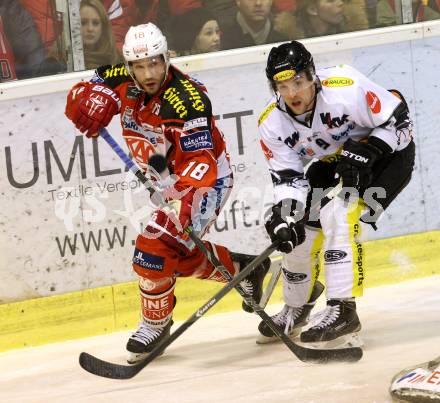 EBEL. Eishockey Bundesliga. KAC gegen Dornbirner Eishockey Club. Thomas Koch, (KAC), James Arniel  (Dornbirn). Klagenfurt, am 3.3.2015.
Foto: Kuess 

---
pressefotos, pressefotografie, kuess, qs, qspictures, sport, bild, bilder, bilddatenbank