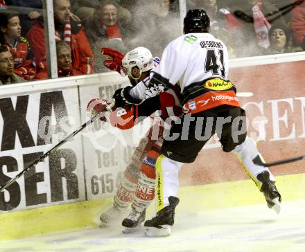 EBEL. Eishockey Bundesliga. KAC gegen Dornbirner Eishockey Club. Jean Francois Jacques,  (KAC),  Guillaume Desbiens (Dornbirn). Klagenfurt, am 3.3.2015.
Foto: Kuess 

---
pressefotos, pressefotografie, kuess, qs, qspictures, sport, bild, bilder, bilddatenbank