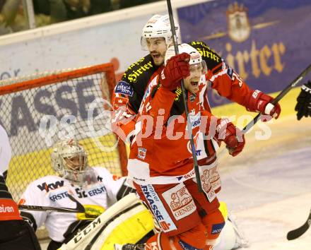 EBEL. Eishockey Bundesliga. KAC gegen Dornbirner Eishockey Club.  Torjubel Jamie Lundmark, Jean Francois Jacques (KAC). Klagenfurt, am 3.3.2015.
Foto: Kuess 

---
pressefotos, pressefotografie, kuess, qs, qspictures, sport, bild, bilder, bilddatenbank