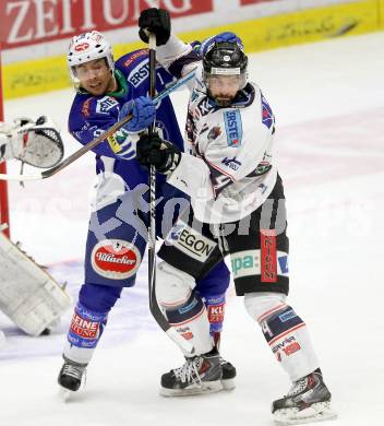 EBEL. Eishockey Bundesliga. EC VSV gegen SAPA Fehervar AV19. Jason Krog,  (VSV), Johan Ejdepalm (Alba Volan). Villach, am 3.3.2015.
Foto: Kuess 


---
pressefotos, pressefotografie, kuess, qs, qspictures, sport, bild, bilder, bilddatenbank