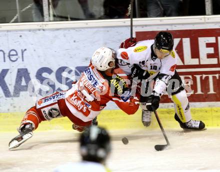 EBEL. Eishockey Bundesliga. KAC gegen Dornbirner Eishockey Club. Johannes Reichel,  (KAC), Andy Sertich (Dornbirn). Klagenfurt, am 3.3.2015.
Foto: Kuess 

---
pressefotos, pressefotografie, kuess, qs, qspictures, sport, bild, bilder, bilddatenbank