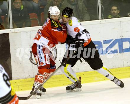 EBEL. Eishockey Bundesliga. KAC gegen Dornbirner Eishockey Club. Jason DeSantis,  (KAC), Oliver Achermann (Dornbirn). Klagenfurt, am 3.3.2015.
Foto: Kuess 

---
pressefotos, pressefotografie, kuess, qs, qspictures, sport, bild, bilder, bilddatenbank