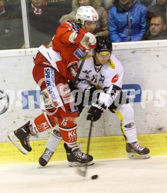 EBEL. Eishockey Bundesliga. KAC gegen Dornbirner Eishockey Club. Patrick Harand,  (KAC), Patrick Divjak (Dornbirn). Klagenfurt, am 3.3.2015.
Foto: Kuess 

---
pressefotos, pressefotografie, kuess, qs, qspictures, sport, bild, bilder, bilddatenbank