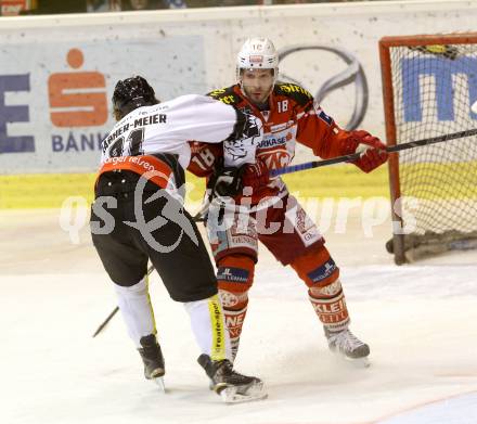 EBEL. Eishockey Bundesliga. KAC gegen Dornbirner Eishockey Club. Thomas Koch, (KAC),  Martin Grabher Meier  (Dornbirn). Klagenfurt, am 3.3.2015.
Foto: Kuess 

---
pressefotos, pressefotografie, kuess, qs, qspictures, sport, bild, bilder, bilddatenbank