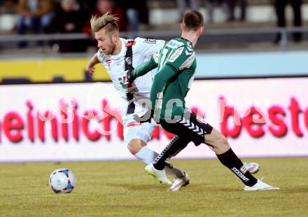 Fussball Bundesliga. RZ Pellets WAC gegen SV Josko Ried.  Peter Zulj,  (WAC), Petar Filipovic (Ried). Wolfsberg, am 4.3.2015.
Foto: Kuess

---
pressefotos, pressefotografie, kuess, qs, qspictures, sport, bild, bilder, bilddatenbank