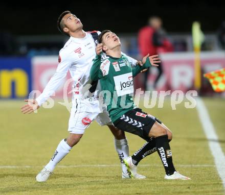 Fussball Bundesliga. RZ Pellets WAC gegen SV Josko Ried. Stephan Palla,  (WAC), Thomas Murg  (Ried). Wolfsberg, am 4.3.2015.
Foto: Kuess

---
pressefotos, pressefotografie, kuess, qs, qspictures, sport, bild, bilder, bilddatenbank