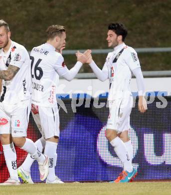 Fussball Bundesliga. RZ Pellets WAC gegen SV Josko Ried. Torjubel Michael Sollbauer, Roland Putsche (WAC). Wolfsberg, am 4.3.2015.
Foto: Kuess

---
pressefotos, pressefotografie, kuess, qs, qspictures, sport, bild, bilder, bilddatenbank