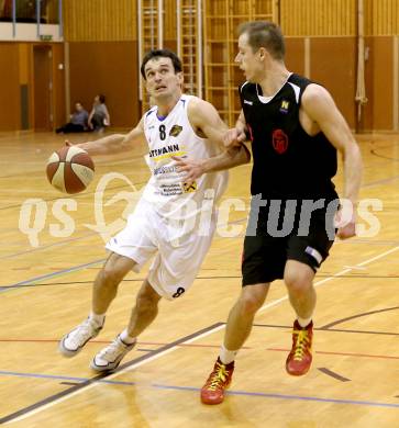 Basketball 2.Bundesliga 2014/15 Grunddurchgang 22.Runde. Radenthein Garnets gegen Mistelbach Mustangs. Peter Gleissner, (Radenthein),  Jakob Deimel (Mistelbach). Radenthein, am 7.3.1015.
Foto: Kuess
---
pressefotos, pressefotografie, kuess, qs, qspictures, sport, bild, bilder, bilddatenbank