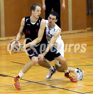 Basketball 2.Bundesliga 2014/15 Grunddurchgang 22.Runde. Radenthein Garnets gegen Mistelbach Mustangs. Peter Gleissner, (Radenthein),   Vladimir Sismilich (Mistelbach). Radenthein, am 7.3.1015.
Foto: Kuess
---
pressefotos, pressefotografie, kuess, qs, qspictures, sport, bild, bilder, bilddatenbank