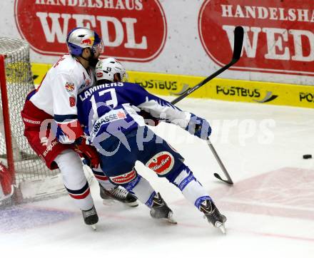 EBEL. Eishockey Bundesliga. EC VSV gegen EC Red Bull Salzburg. John Lammers,  (VSV), Zdenek Kutlak (Salzburg). Villach, am 8.3.2015.
Foto: Kuess 


---
pressefotos, pressefotografie, kuess, qs, qspictures, sport, bild, bilder, bilddatenbank