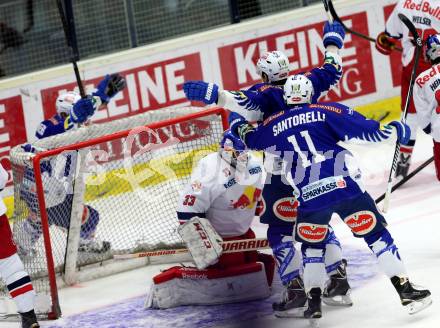 EBEL. Eishockey Bundesliga. EC VSV gegen EC Red Bull Salzburg.  Torjubel Eric Hunter, Marc Santorelli, (VSV). Villach, am 8.3.2015.
Foto: Kuess 


---
pressefotos, pressefotografie, kuess, qs, qspictures, sport, bild, bilder, bilddatenbank