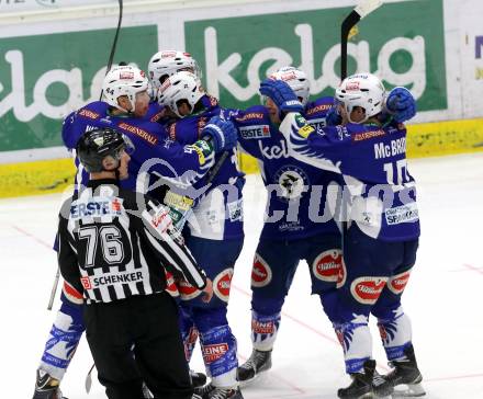 EBEL. Eishockey Bundesliga. EC VSV gegen EC Red Bull Salzburg. Torjubel  (VSV). Villach, am 8.3.2015.
Foto: Kuess 


---
pressefotos, pressefotografie, kuess, qs, qspictures, sport, bild, bilder, bilddatenbank