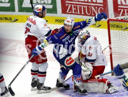 EBEL. Eishockey Bundesliga. EC VSV gegen EC Red Bull Salzburg. Torjubel Mark Santorelli (VSV), Luka Gracnar (Salzburg). Villach, am 8.3.2015.
Foto: Kuess 


---
pressefotos, pressefotografie, kuess, qs, qspictures, sport, bild, bilder, bilddatenbank