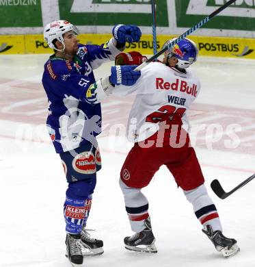 EBEL. Eishockey Bundesliga. EC VSV gegen EC Red Bull Salzburg.  Eric Hunter, (VSV), Daniel Welser  (Salzburg). Villach, am 8.3.2015.
Foto: Kuess 


---
pressefotos, pressefotografie, kuess, qs, qspictures, sport, bild, bilder, bilddatenbank