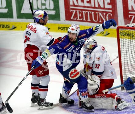 EBEL. Eishockey Bundesliga. EC VSV gegen EC Red Bull Salzburg. Torjubel Mark Santorelli (VSV), Luka Gracnar (Salzburg). Villach, am 8.3.2015.
Foto: Kuess 


---
pressefotos, pressefotografie, kuess, qs, qspictures, sport, bild, bilder, bilddatenbank