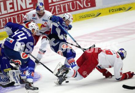 EBEL. Eishockey Bundesliga. EC VSV gegen EC Red Bull Salzburg. Geoff Waugh, Brock McBride,   (VSV), Daniel Welser, Kyle Beach (Salzburg). Villach, am 13.3.2015.
Foto: Kuess 


---
pressefotos, pressefotografie, kuess, qs, qspictures, sport, bild, bilder, bilddatenbank