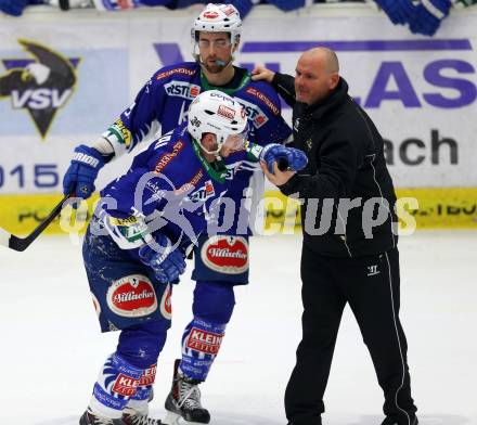 EBEL. Eishockey Bundesliga. EC VSV gegen EC Red Bull Salzburg. Verletzt Marco Pewal, Eric Hunter  (VSV). Villach, am 13.3.2015.
Foto: Kuess 


---
pressefotos, pressefotografie, kuess, qs, qspictures, sport, bild, bilder, bilddatenbank