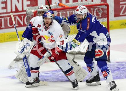 EBEL. Eishockey Bundesliga. EC VSV gegen EC Red Bull Salzburg. Klemen Pretnar,  (VSV), Daniel Welser (Salzburg). Villach, am 13.3.2015.
Foto: Kuess 


---
pressefotos, pressefotografie, kuess, qs, qspictures, sport, bild, bilder, bilddatenbank