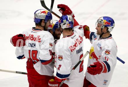 EBEL. Eishockey Bundesliga. EC VSV gegen EC Red Bull Salzburg.  Torjubel Kyle Beach, Brian Fahey, Walter Ben, Dominique Heinrich (Salzburg). Villach, am 13.3.2015.
Foto: Kuess 


---
pressefotos, pressefotografie, kuess, qs, qspictures, sport, bild, bilder, bilddatenbank