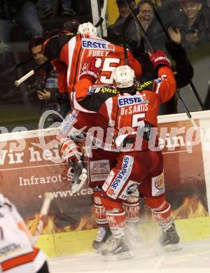 EBEL. Eishockey Bundesliga. KAC gegen Orli Znojmo.  Torjubel Stefan Geier, Kirk Furey, Jason DeSantis (KAC). Klagenfurt, am 13.3.2015.
Foto: Kuess 

---
pressefotos, pressefotografie, kuess, qs, qspictures, sport, bild, bilder, bilddatenbank