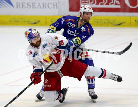 EBEL. Eishockey Bundesliga. EC VSV gegen EC Red Bull Salzburg. John Lammers,  (VSV),  Troy Milam  (Salzburg). Villach, am 13.3.2015.
Foto: Kuess 


---
pressefotos, pressefotografie, kuess, qs, qspictures, sport, bild, bilder, bilddatenbank