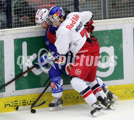 EBEL. Eishockey Bundesliga. EC VSV gegen EC Red Bull Salzburg. Marco Pewal,  (VSV), Florian Muehlstein (Salzburg). Villach, am 13.3.2015.
Foto: Kuess 


---
pressefotos, pressefotografie, kuess, qs, qspictures, sport, bild, bilder, bilddatenbank