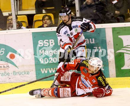 EBEL. Eishockey Bundesliga. KAC gegen Orli Znojmo.  Geier Stefan,  (KAC), Ondrej Sedivy (Orli Znojmo). Klagenfurt, am 13.3.2015.
Foto: Kuess 

---
pressefotos, pressefotografie, kuess, qs, qspictures, sport, bild, bilder, bilddatenbank