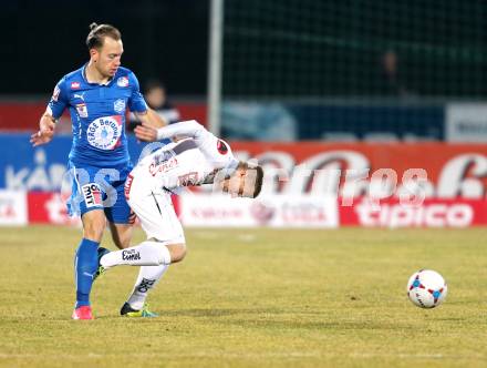 Fussball Bundesliga. RZ Pellets WAC gegen SC Wiener Neustadt.  Manuel Kerhe (WAC), Dominik Hofbauer (Wiener Neustadt). Wolfsberg, am 14.3.2015.
Foto: Kuess

---
pressefotos, pressefotografie, kuess, qs, qspictures, sport, bild, bilder, bilddatenbank