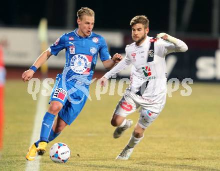 Fussball Bundesliga. RZ Pellets WAC gegen SC Wiener Neustadt. Manuel Weber  (WAC), Michael Tieber (Wiener Neustadt). Wolfsberg, am 14.3.2015.
Foto: Kuess

---
pressefotos, pressefotografie, kuess, qs, qspictures, sport, bild, bilder, bilddatenbank