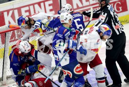 EBEL. Eishockey Bundesliga. EC VSV gegen EC Red Bull Salzburg. Cole Jarrett, Gerhard Unterluggauer, Daniel Nageler, (VSV), Thomas Raffl, Brett Sterling  (Salzburg). Villach, am 13.3.2015.
Foto: Kuess 


---
pressefotos, pressefotografie, kuess, qs, qspictures, sport, bild, bilder, bilddatenbank