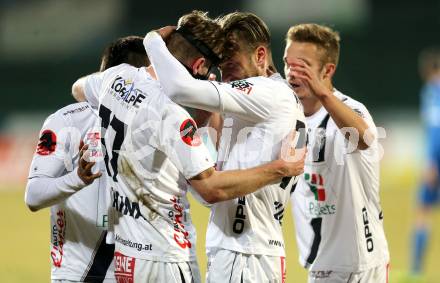 Fussball Bundesliga. RZ Pellets WAC gegen SC Wiener Neustadt. Torjubel Tadej Trdina, Peter Zulj, Michael Berger (WAC). Wolfsberg, am 14.3.2015.
Foto: Kuess

---
pressefotos, pressefotografie, kuess, qs, qspictures, sport, bild, bilder, bilddatenbank