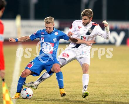 Fussball Bundesliga. RZ Pellets WAC gegen SC Wiener Neustadt. Manuel Weber (WAC), Michael Tieber (Wiener Neustadt). Wolfsberg, am 14.3.2015.
Foto: Kuess

---
pressefotos, pressefotografie, kuess, qs, qspictures, sport, bild, bilder, bilddatenbank