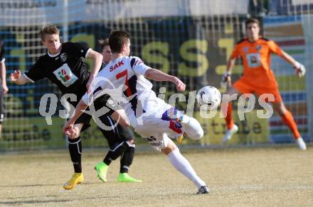 Fussball Regionalliga. SAK gegen RZ Pellets WAC Amateure. Murat Veliu, (SAK), Alexander Hofer  (WAC). Klagenfurt, am 14.3.2015.
Foto: Kuess
---
pressefotos, pressefotografie, kuess, qs, qspictures, sport, bild, bilder, bilddatenbank