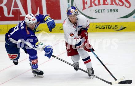 EBEL. Eishockey Bundesliga. EC VSV gegen EC Red Bull Salzburg.  Stefan Bacher, (VSV),  John Hughes (Salzburg). Villach, am 13.3.2015.
Foto: Kuess 


---
pressefotos, pressefotografie, kuess, qs, qspictures, sport, bild, bilder, bilddatenbank