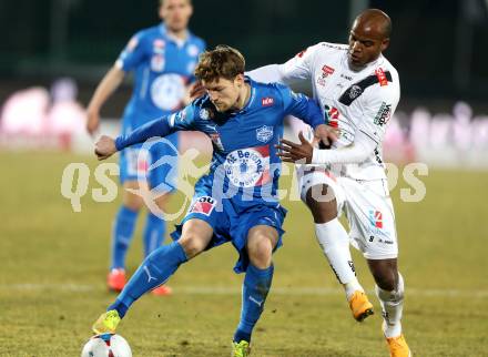 Fussball Bundesliga. RZ Pellets WAC gegen SC Wiener Neustadt. De Oliveira Silvio Carlos  (WAC), Christoph Freitag (Wiener Neustadt). Wolfsberg, am 14.3.2015.
Foto: Kuess

---
pressefotos, pressefotografie, kuess, qs, qspictures, sport, bild, bilder, bilddatenbank