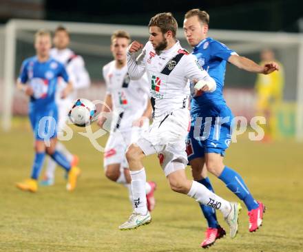 Fussball Bundesliga. RZ Pellets WAC gegen SC Wiener Neustadt. Manuel Weber  (WAC), Dominik Hofbauer (Wiener Neustadt). Wolfsberg, am 14.3.2015.
Foto: Kuess

---
pressefotos, pressefotografie, kuess, qs, qspictures, sport, bild, bilder, bilddatenbank