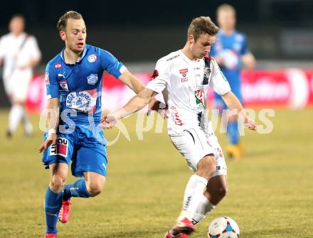 Fussball Bundesliga. RZ Pellets WAC gegen SC Wiener Neustadt. Michael Berger (WAC), Dominik Hofbauer (Wiener Neustadt). Wolfsberg, am 14.3.2015.
Foto: Kuess

---
pressefotos, pressefotografie, kuess, qs, qspictures, sport, bild, bilder, bilddatenbank