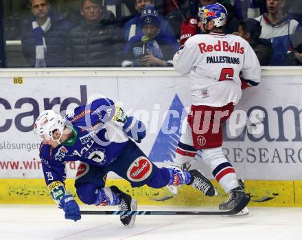 EBEL. Eishockey Bundesliga. EC VSV gegen EC Red Bull Salzburg. Patrick Platzer,  (VSV), Alexander Pallestrang (Salzburg). Villach, am 13.3.2015.
Foto: Kuess 


---
pressefotos, pressefotografie, kuess, qs, qspictures, sport, bild, bilder, bilddatenbank