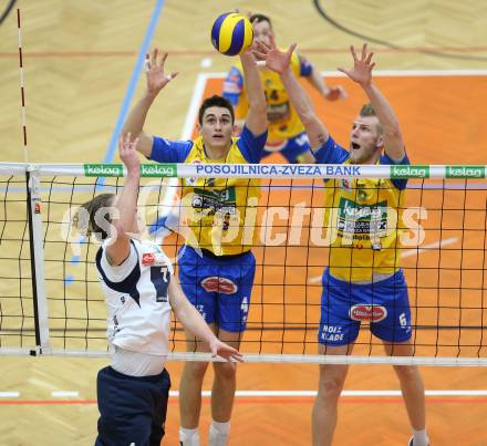 Volleyball. Middle European League. MEVZA. SK Posojilnica Aich/Dob gegen Hypo Tirol VT. Filip Palgut, Peter Wohlfahrtstaetter, (Aich/Dob), Janis Peda (Tirol). Bleiburg, 15.3.2015
Foto: Kuess

---
pressefotos, pressefotografie, kuess, qs, qspictures, sport, bild, bilder, bilddatenbank