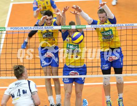 Volleyball. Middle European League. MEVZA. SK Posojilnica Aich/Dob gegen Hypo Tirol VT. Filip Palgut,  Peter Wohlfahrtstaetter, Stanislaw Wawrzynczyk (Aich/Dob). Bleiburg, 15.3.2015
Foto: Kuess

---
pressefotos, pressefotografie, kuess, qs, qspictures, sport, bild, bilder, bilddatenbank