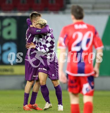 Fussball Regionalliga. SK Austria Klagenfurt gegen SAK. Torjubel Patrik Eler, Rajko Rep (Austria Klagenfurt). Klagenfurt, 20.3.2015
Foto: Kuess 
---
pressefotos, pressefotografie, kuess, qs, qspictures, sport, bild, bilder, bilddatenbank