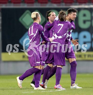 Fussball Regionalliga. SK Austria Klagenfurt gegen SAK. Torjubel Fabian Miesenboeck, Marko Dusak, Sandro Zakany, Rajko Rep (Austria Klagenfurt). Klagenfurt, 20.3.2015
Foto: Kuess 
---
pressefotos, pressefotografie, kuess, qs, qspictures, sport, bild, bilder, bilddatenbank