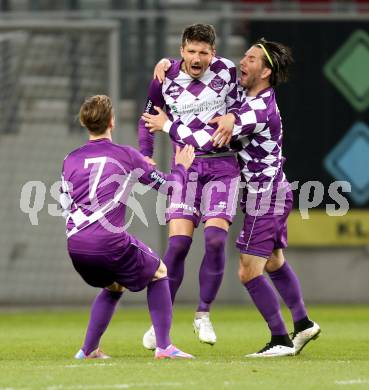 Fussball Regionalliga. SK Austria Klagenfurt gegen SAK. Torjubel Fabian Miesenboeck, Marko Dusak, Sandro Zakany (Austria Klagenfurt). Klagenfurt, 20.3.2015
Foto: Kuess 
---
pressefotos, pressefotografie, kuess, qs, qspictures, sport, bild, bilder, bilddatenbank