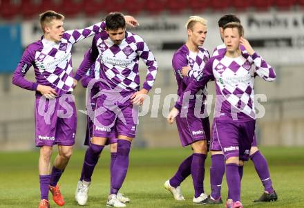 Fussball Regionalliga. SK Austria Klagenfurt gegen SAK. Torjubel Patrik Eler, Marko Dusak, Fabian Miesenboeck (Austria Klagenfurt). Klagenfurt, 20.3.2015
Foto: Kuess 
---
pressefotos, pressefotografie, kuess, qs, qspictures, sport, bild, bilder, bilddatenbank