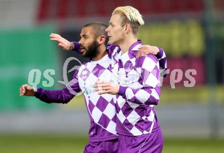 Fussball Regionalliga. SK Austria Klagenfurt gegen SAK. Torjubel Rajko Rep, Tyrone Marcel Mc Cargo (Austria Klagenfurt),  (SAK). Klagenfurt, 20.3.2015
Foto: Kuess 
---
pressefotos, pressefotografie, kuess, qs, qspictures, sport, bild, bilder, bilddatenbank