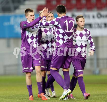 Fussball Regionalliga. SK Austria Klagenfurt gegen SAK. Torjubel Patrik Eler, Marko Dusak (Austria Klagenfurt). Klagenfurt, 20.3.2015
Foto: Kuess 
---
pressefotos, pressefotografie, kuess, qs, qspictures, sport, bild, bilder, bilddatenbank