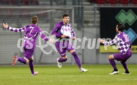 Fussball Regionalliga. SK Austria Klagenfurt gegen SAK. Torjubel Fabian Miesenboeck, Marko Dusak, Sandro Zakany (Austria Klagenfurt). Klagenfurt, 20.3.2015
Foto: Kuess 
---
pressefotos, pressefotografie, kuess, qs, qspictures, sport, bild, bilder, bilddatenbank